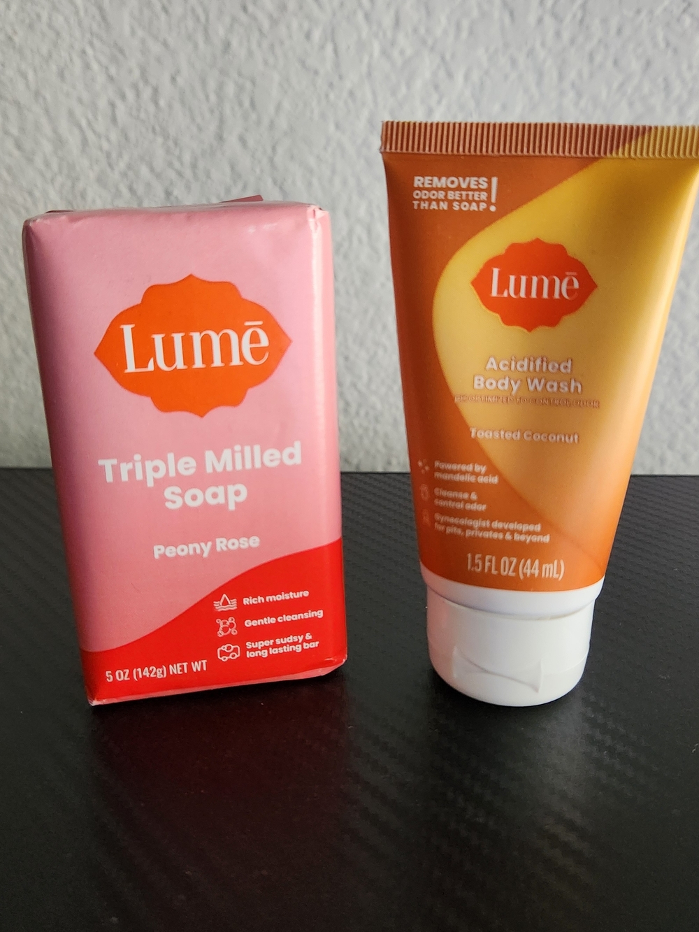 Lume Travel Size Body Wash Coconut & Full Size Triple Milled Soap Peony Rose